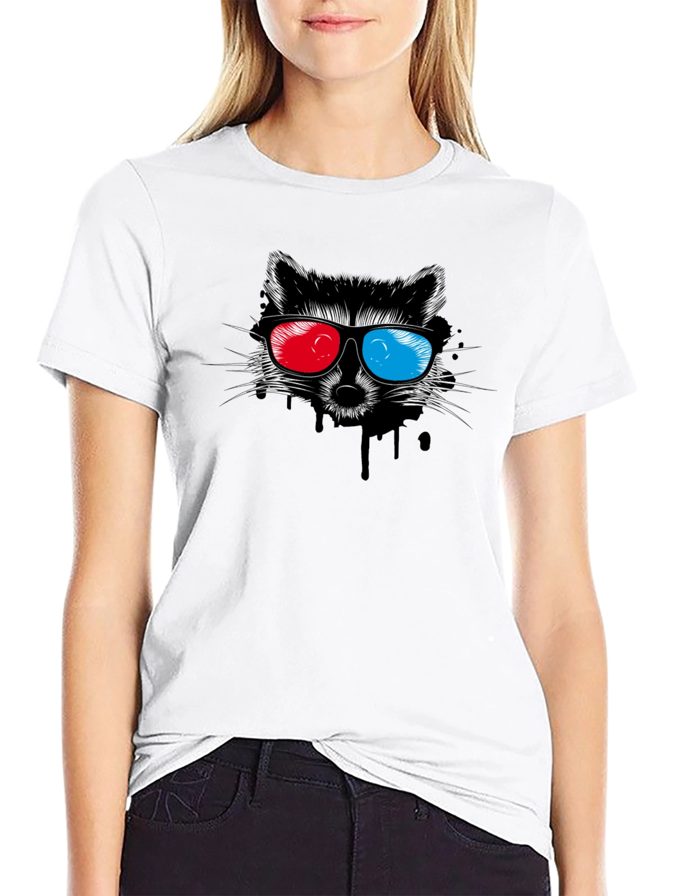 Black Cool Raccoon 3D Glasses Graphic Black T-Shirt view 9