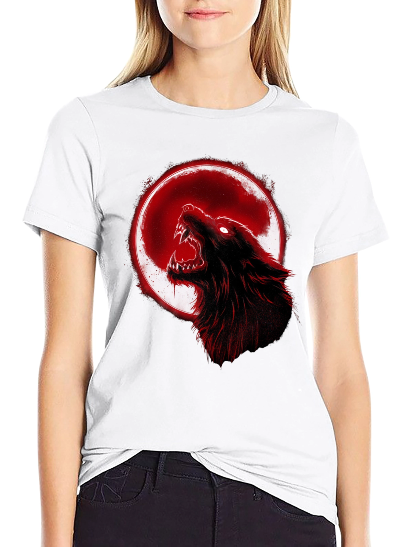 Black Full Moon Wolf Graphic Tee - Black Cotton T-Shirt view 9