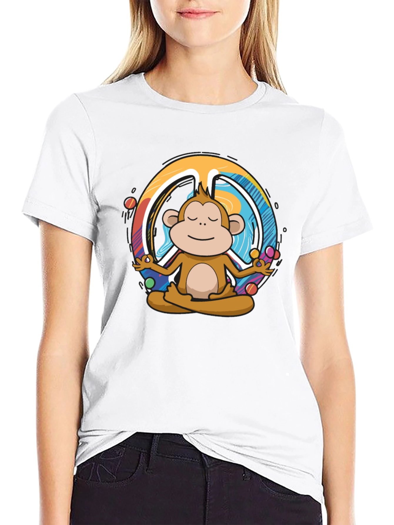 Black Meditating Monkey Peace Sign Graphic Tee - Black view 9