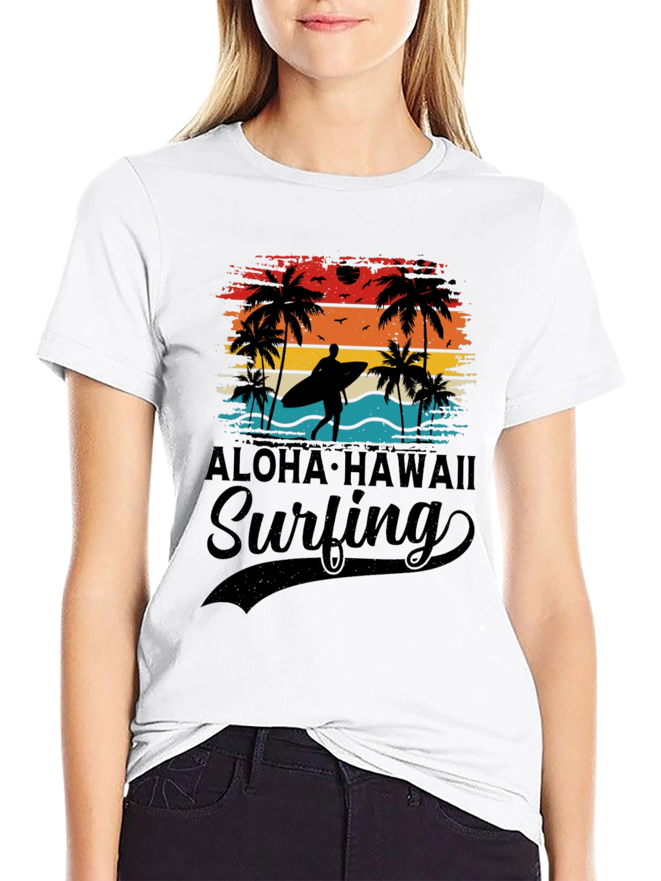 Black Aloha Hawaii Surfing T-Shirt Palm Tree Sunset Tee view 9