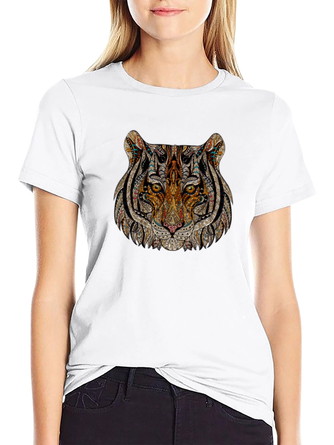 Black Intricate Tiger Head Graphic Print Black T-Shirt view 9