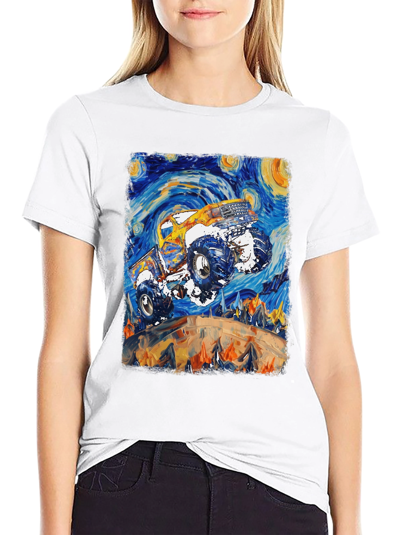 Black Monster Truck Starry Night Art Graphic T-Shirt view 9