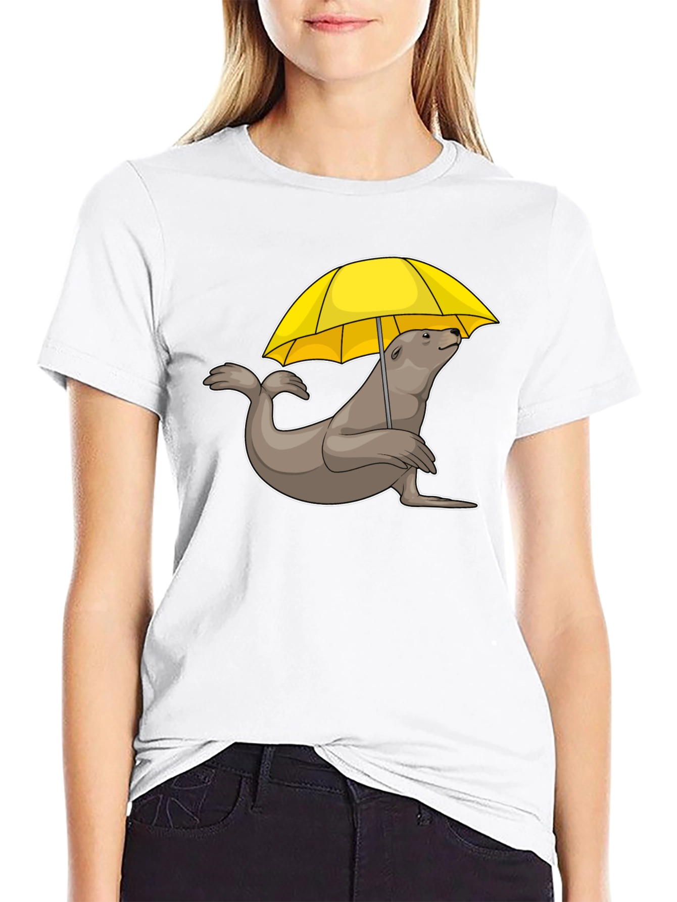 Black Seal with Umbrella T-Shirt - Black Cotton Tee view 9