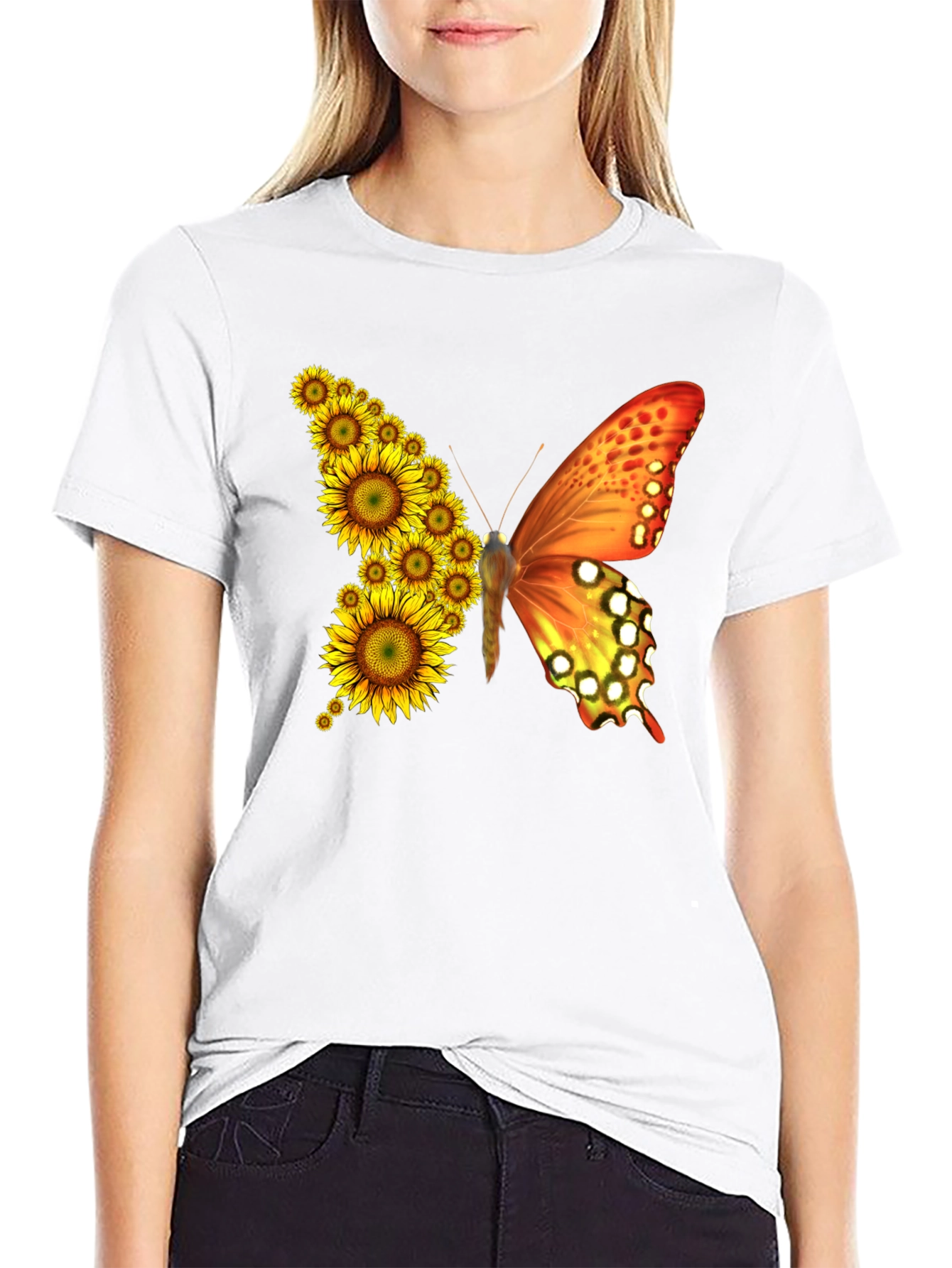 Sunflower Butterfly Graphic Tee - Black Cotton Blend Shirt - 9