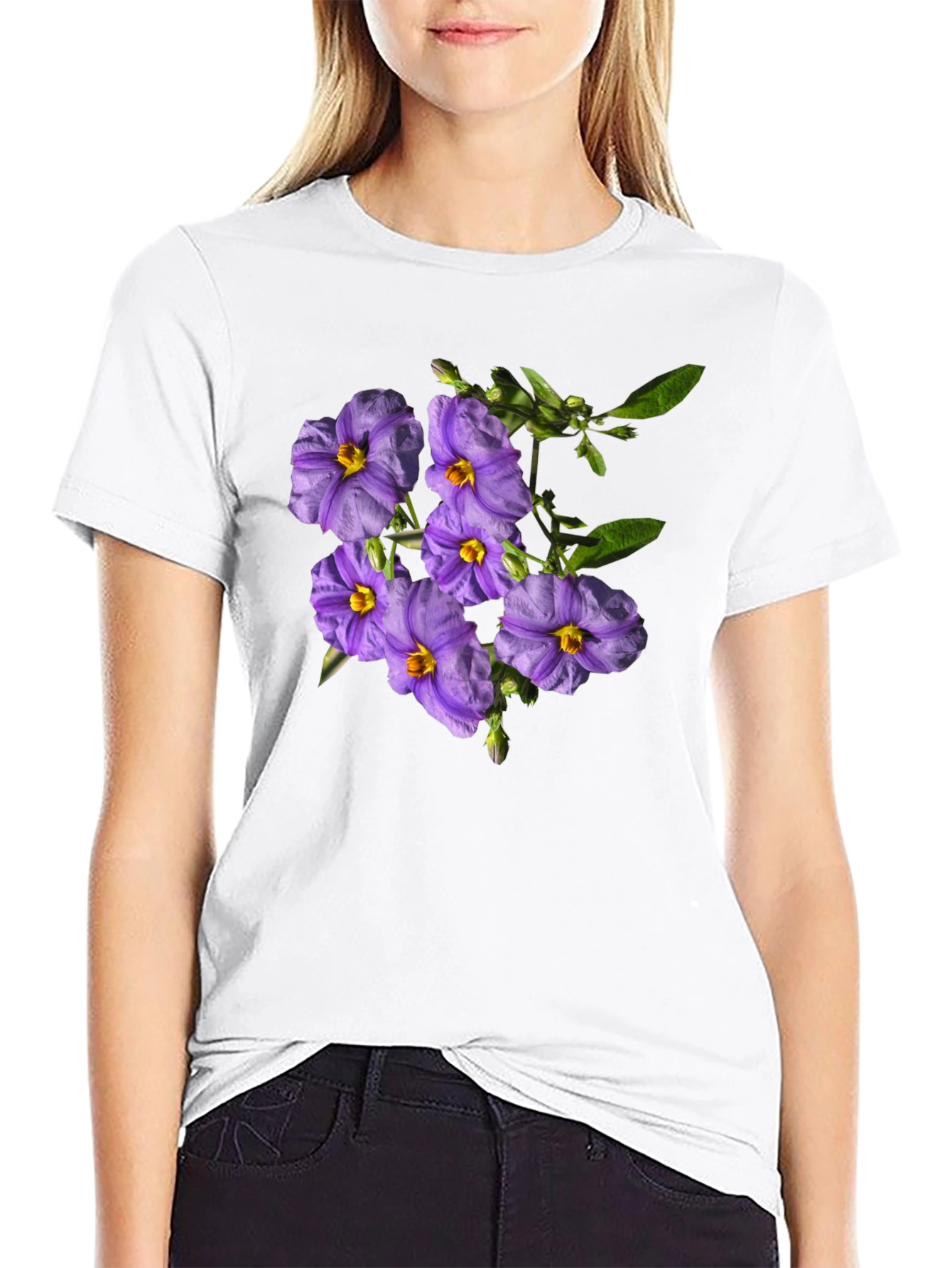 Black Floral Print Tee - Purple Flower Design view 9
