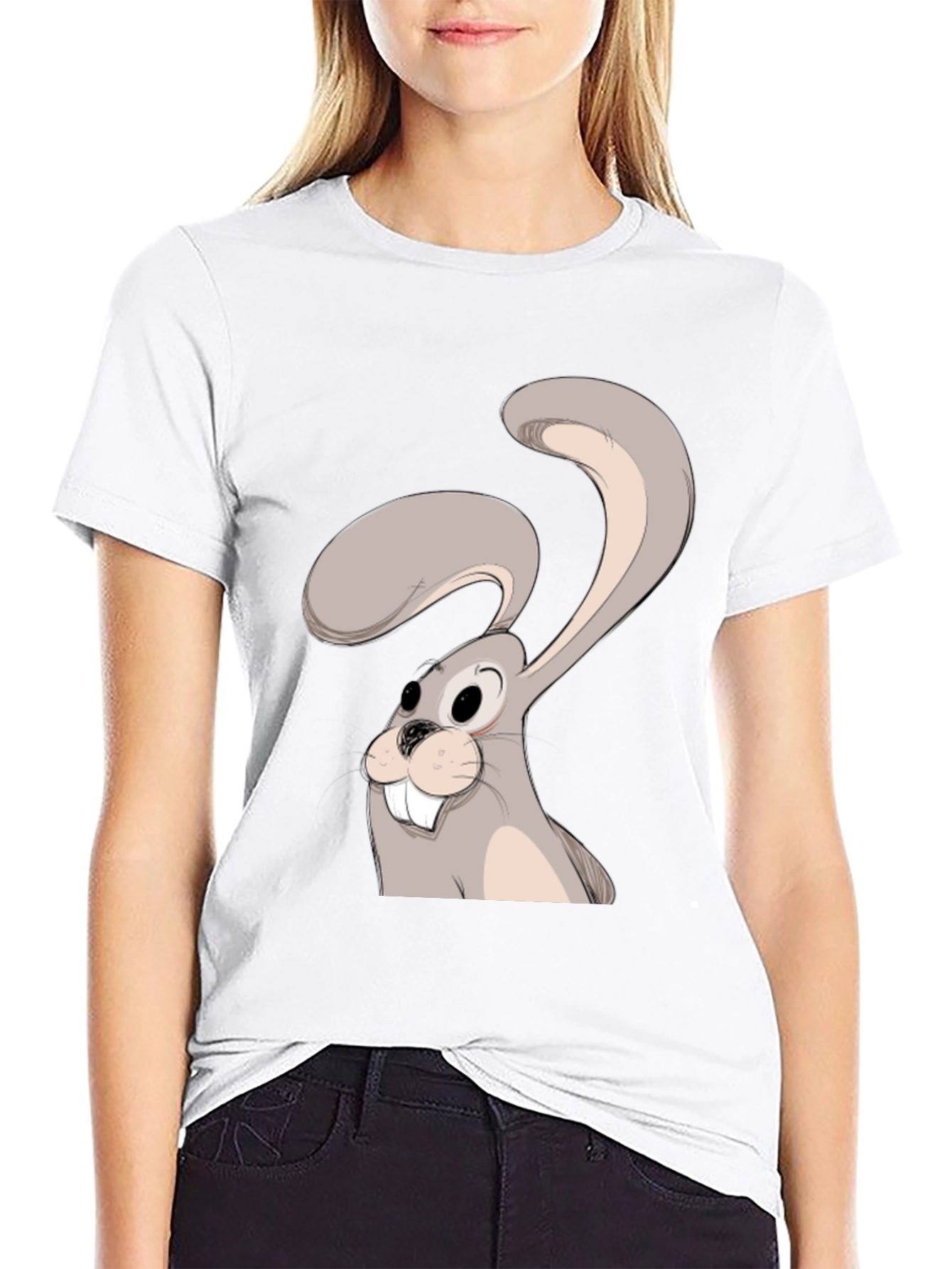 Black Cartoon Rabbit Graphic Tee - Black Cotton Blend view 9