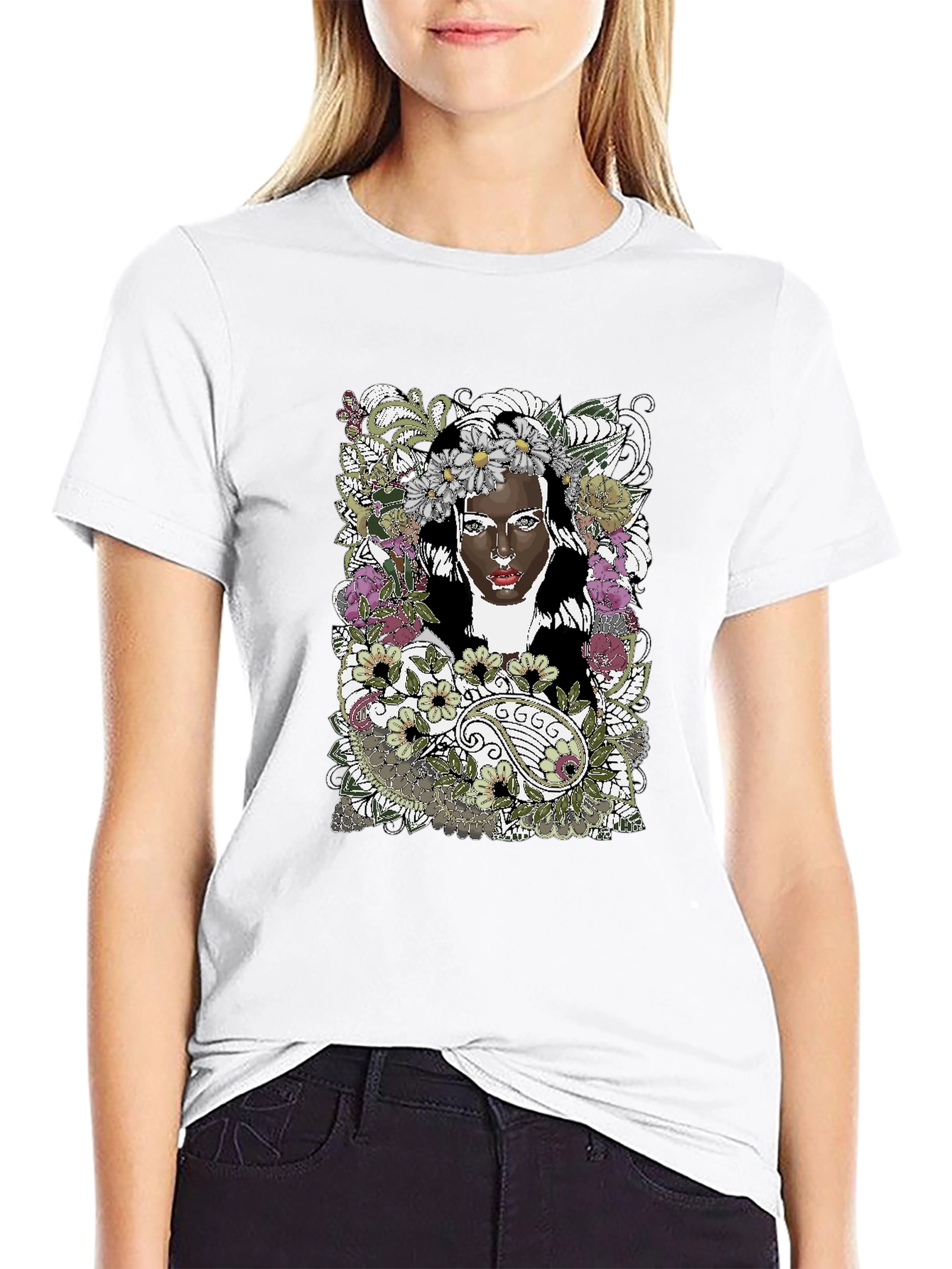 Black Floral Woman Graphic Tee - Black Unisex T-Shirt view 9