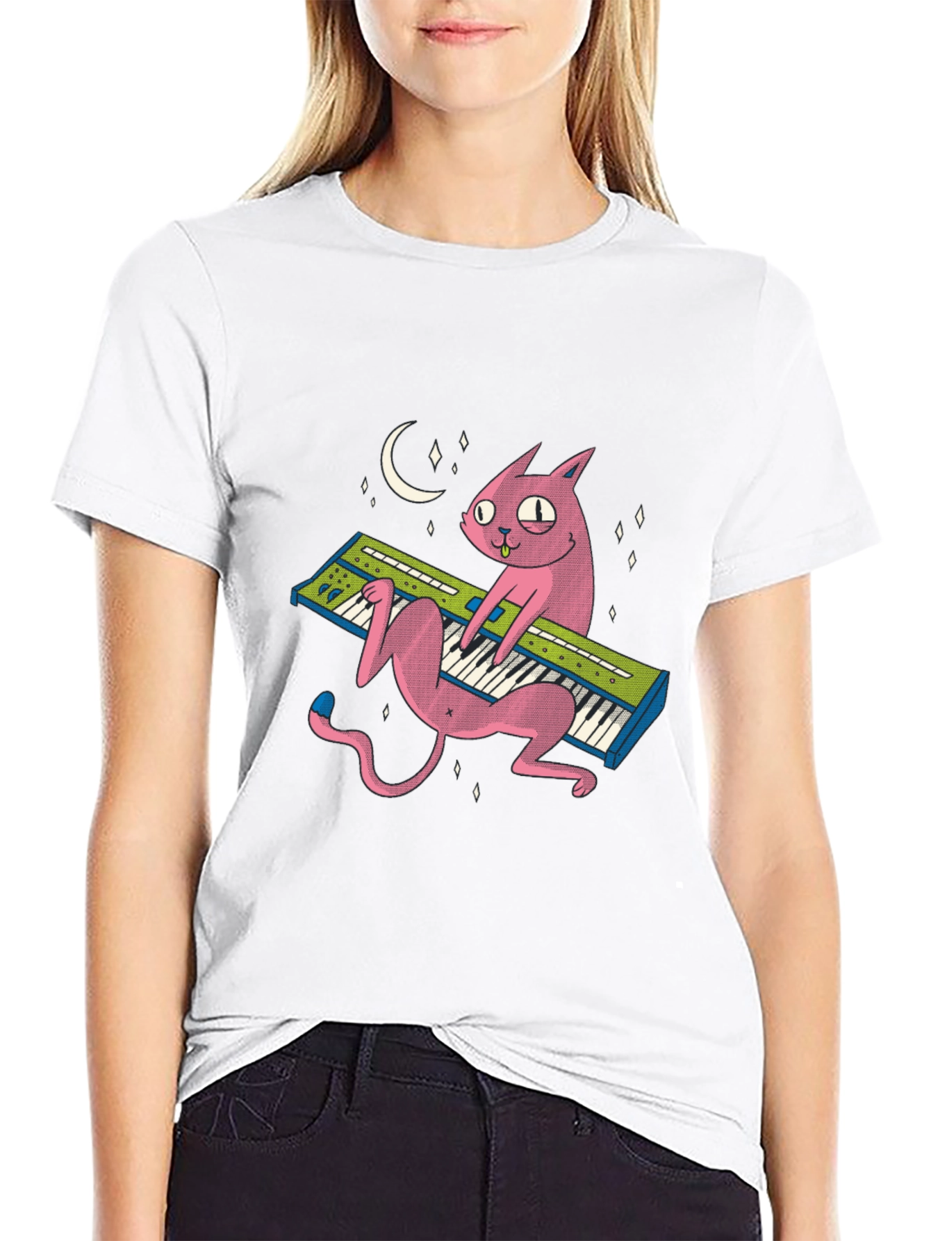 Black Funny Cat Playing Keyboard T-Shirt - Unique Graphic Tee view 9
