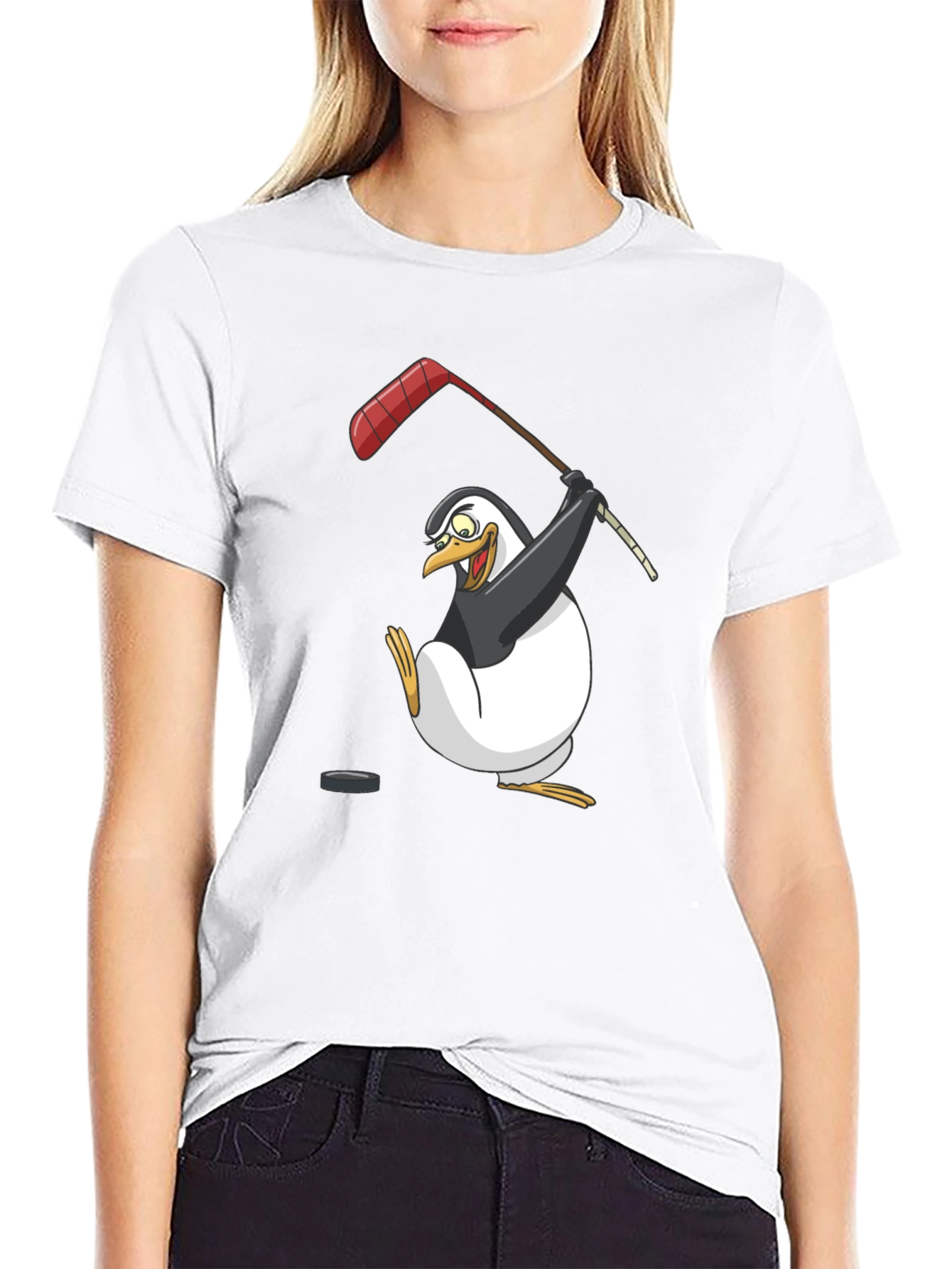 Black Penguin Hockey Player Graphic T-Shirt view 9