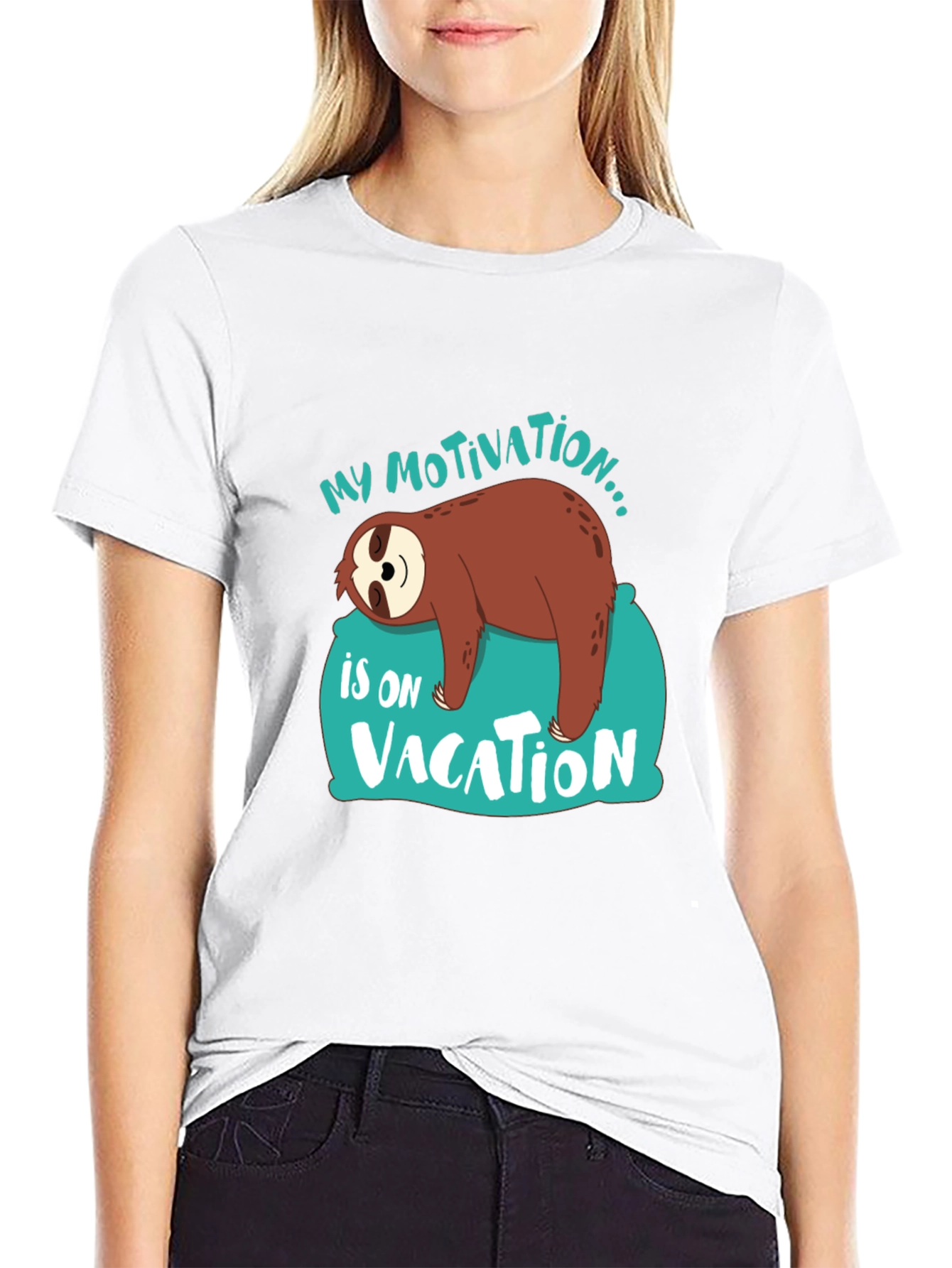 Black My Motivation is on Vacation Sloth Graphic T-Shirt view 9