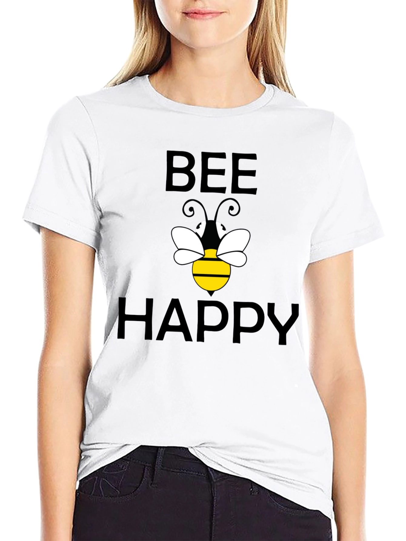 Black Bee Happy Graphic T-Shirt - Black Cotton view 9