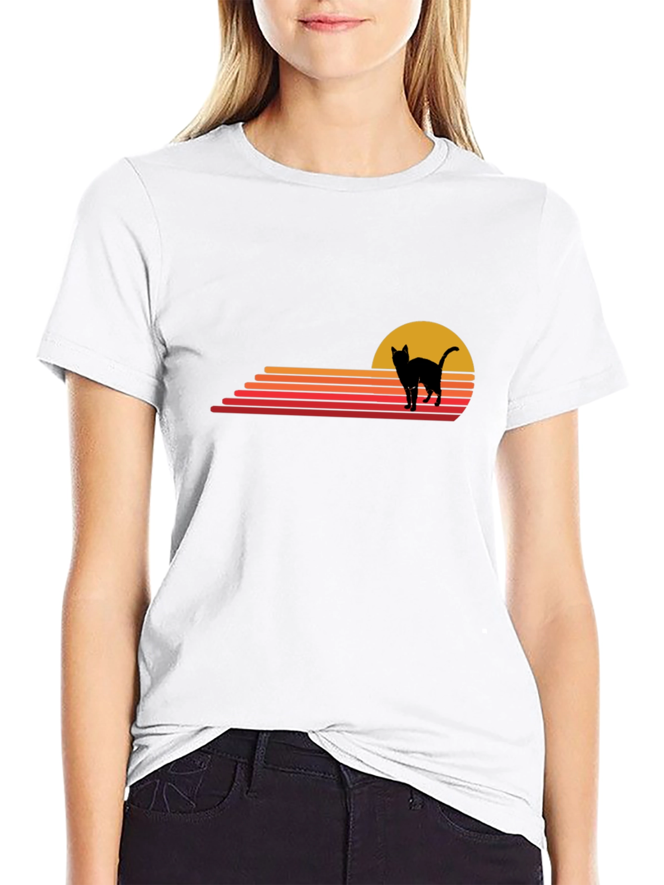 Black Retro Cat Sunset Graphic Tee - Black Cotton T-Shirt view 9