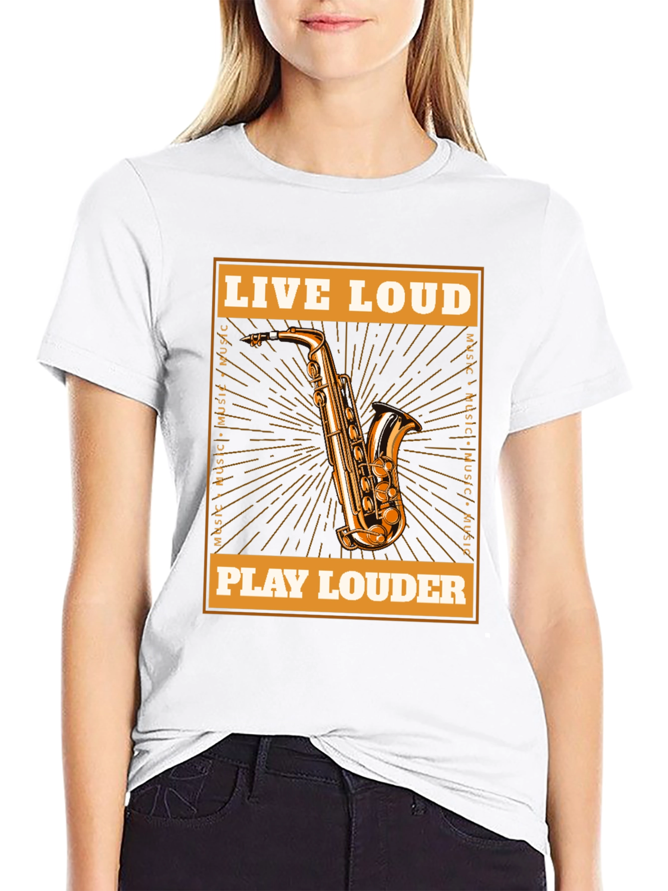 Black Live Loud Saxophone Graphic T-Shirt - Music Lover Tee view 9