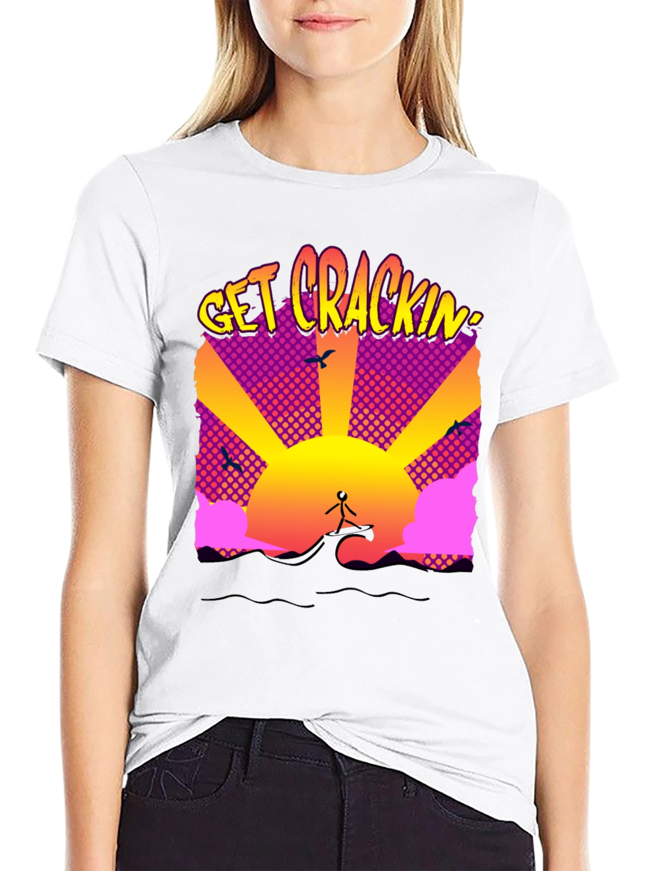 Black Get Crackin' Graphic T-Shirt - Surfing Sunrise view 9