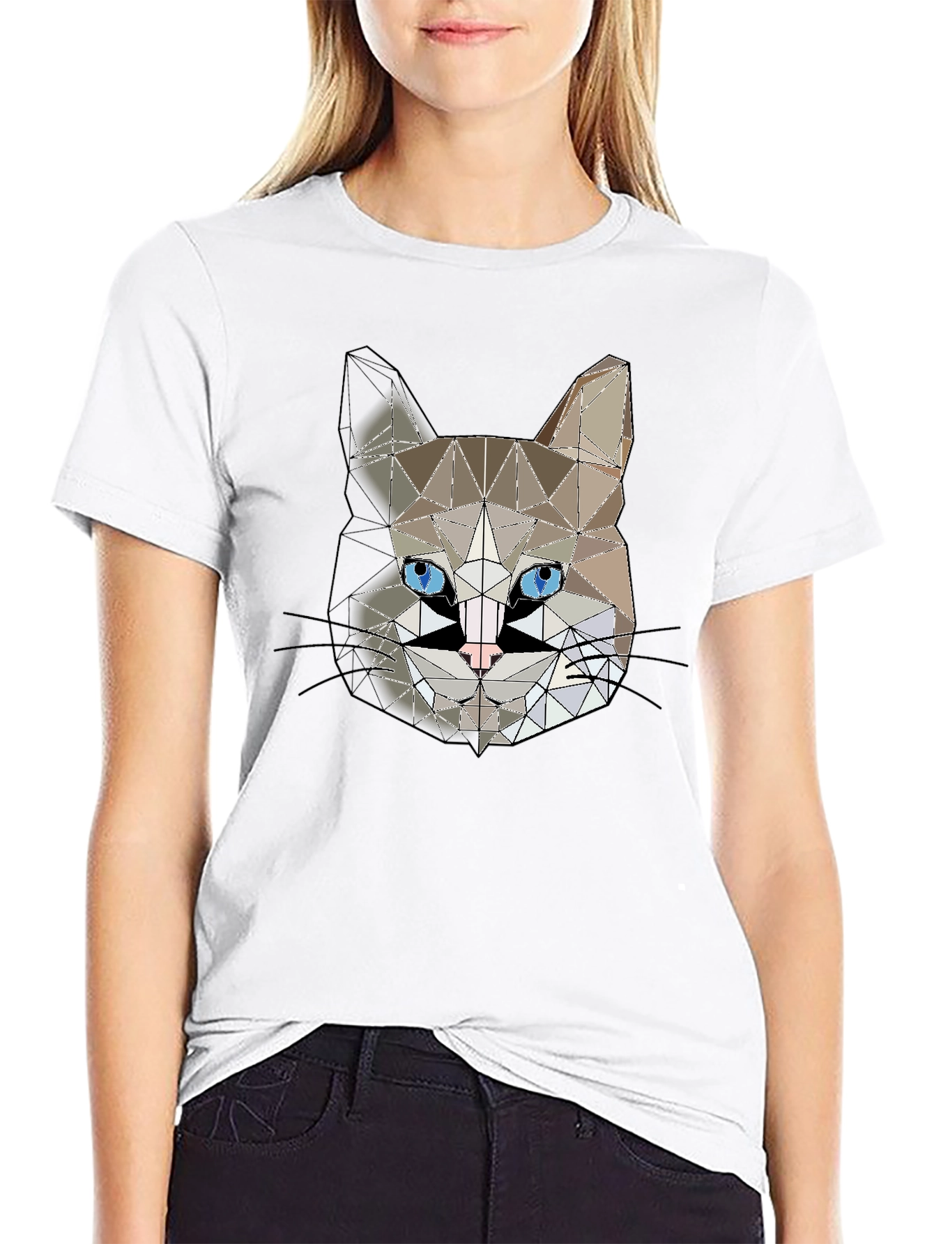 Black Geometric Cat Head Graphic Black T-Shirt view 9