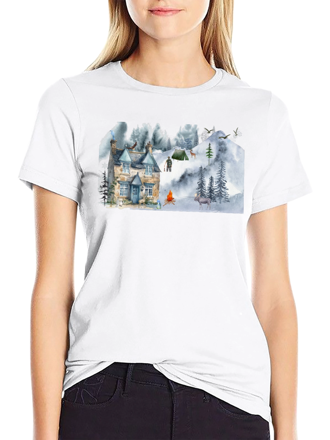 Black Cozy Cabin Mountain Scene Graphic T-Shirt view 9