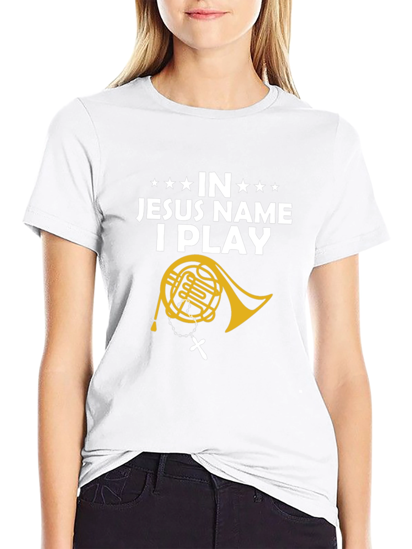 Black In Jesus Name I Play T-Shirt Religious Music Horn Tee view 9