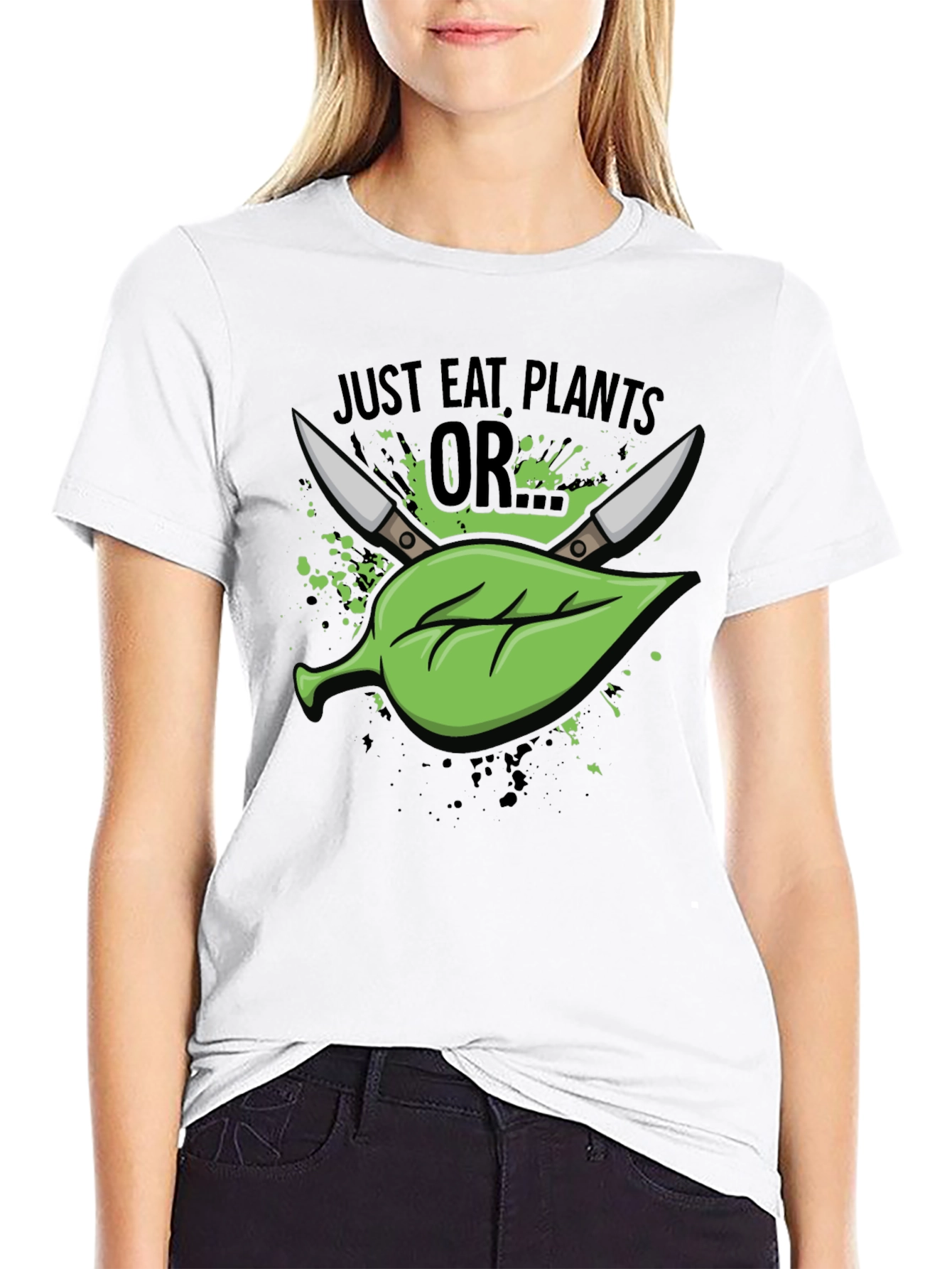 Black Just Eat Plants OR T-Shirt - Vegan Humor view 9