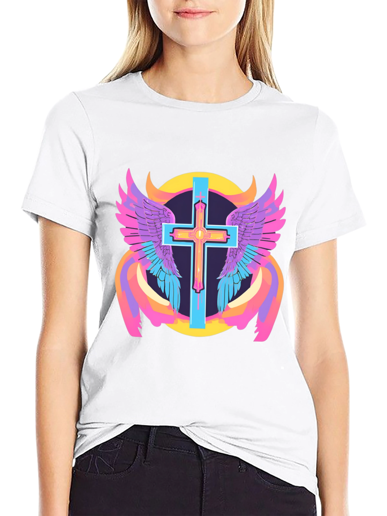 Black Winged Cross Graphic Tee - Black Cotton Blend view 9