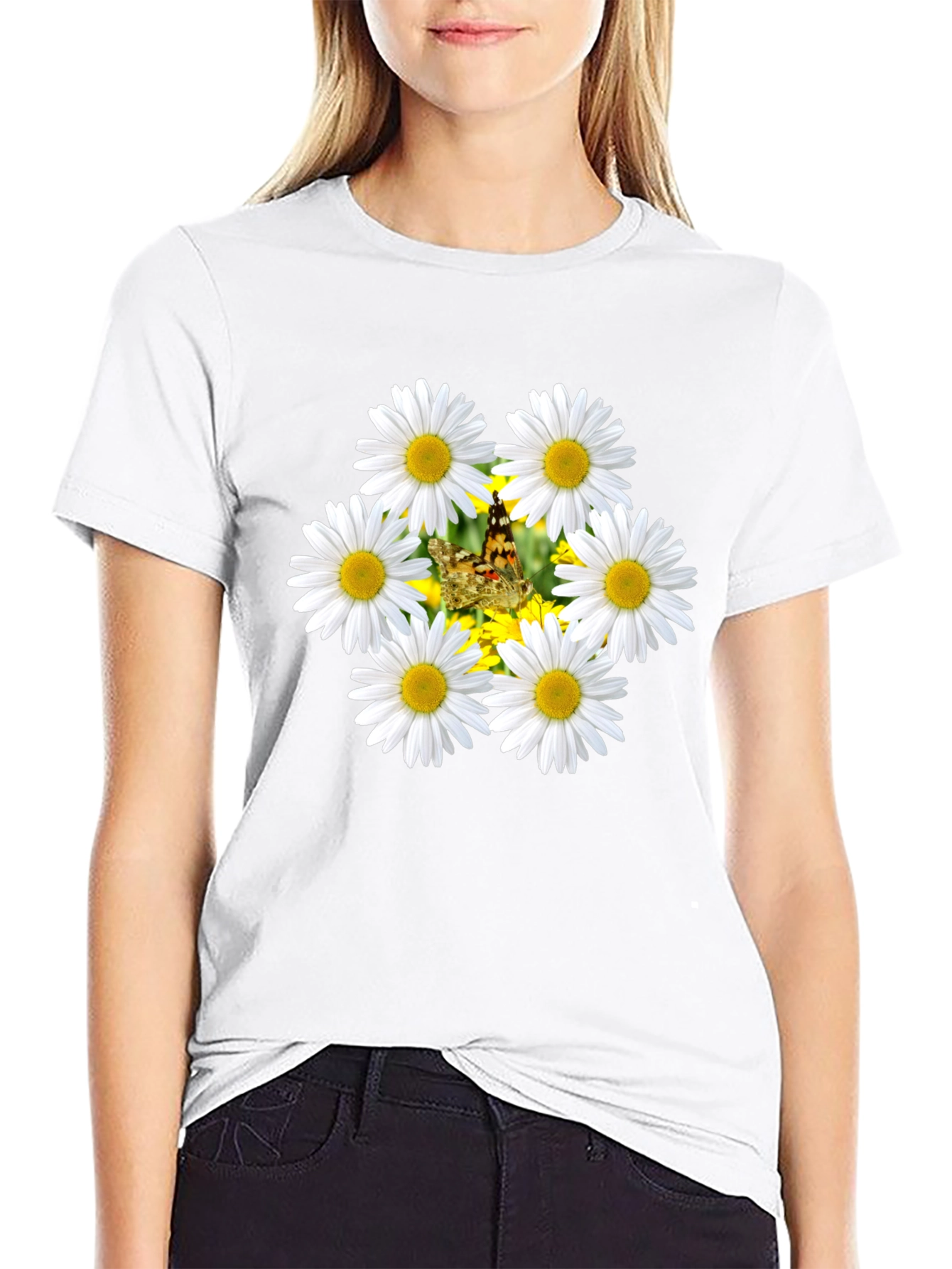 Black Daisy Butterfly Black T-Shirt view 9