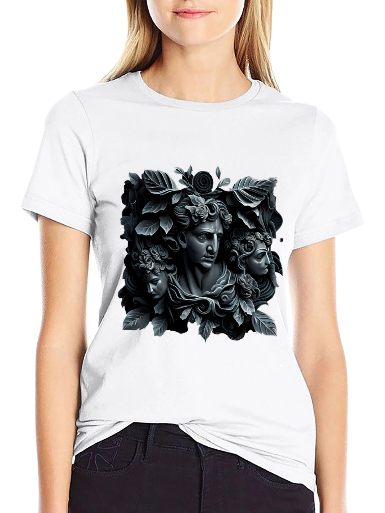 Black Ancient Art Tee: Floral Statue T-Shirt view 9