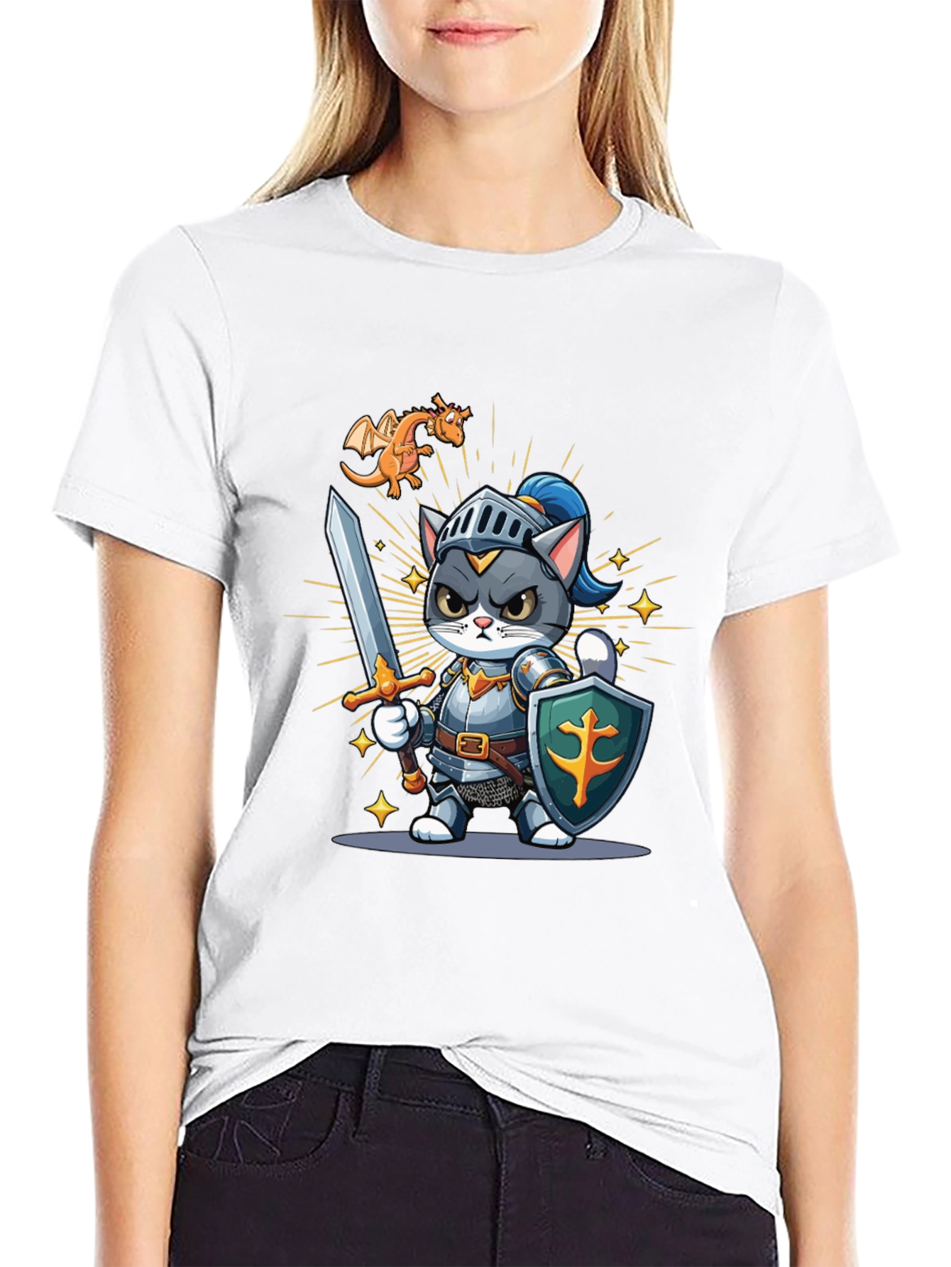 Black Cat Knight T-Shirt: Cartoon Medieval Warrior Tee view 9