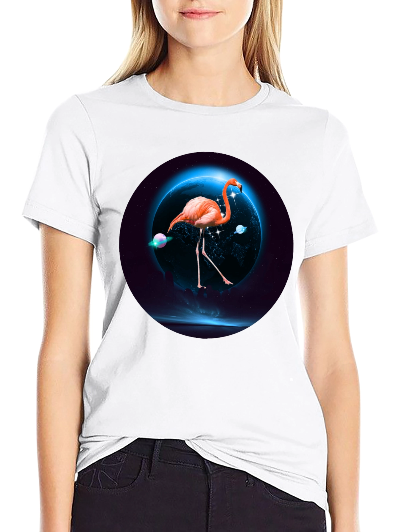 Black Flamingo in Space T-Shirt view 9