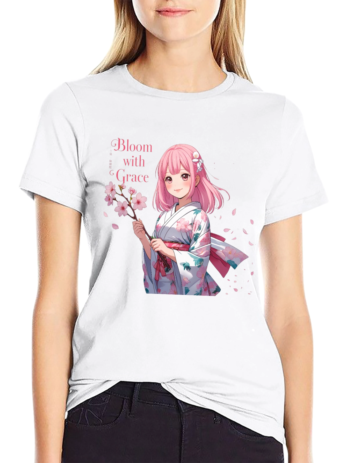 Black Anime Girl Cherry Blossom T-Shirt view 9