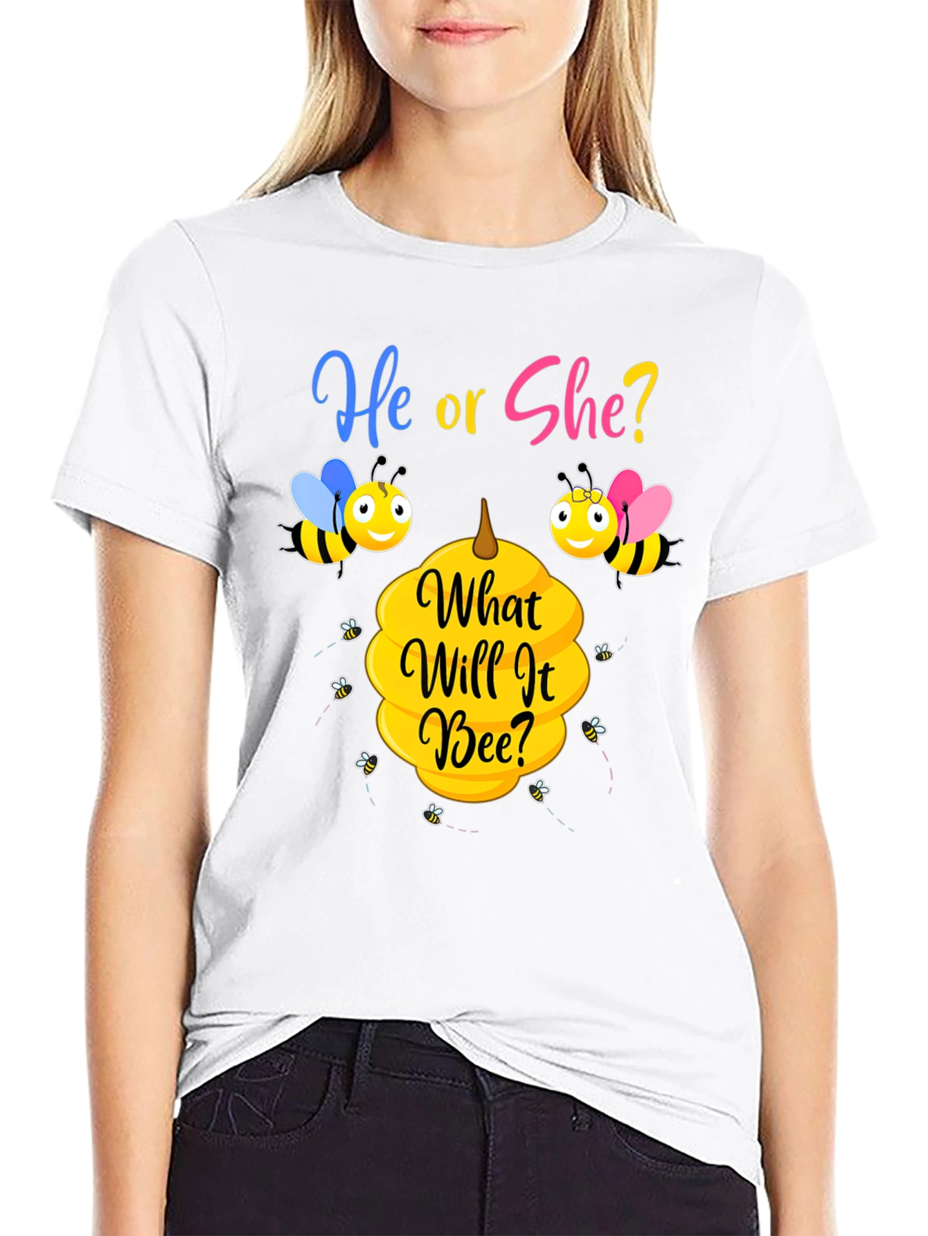 Black He or She Bee Gender Reveal T-Shirt view 9