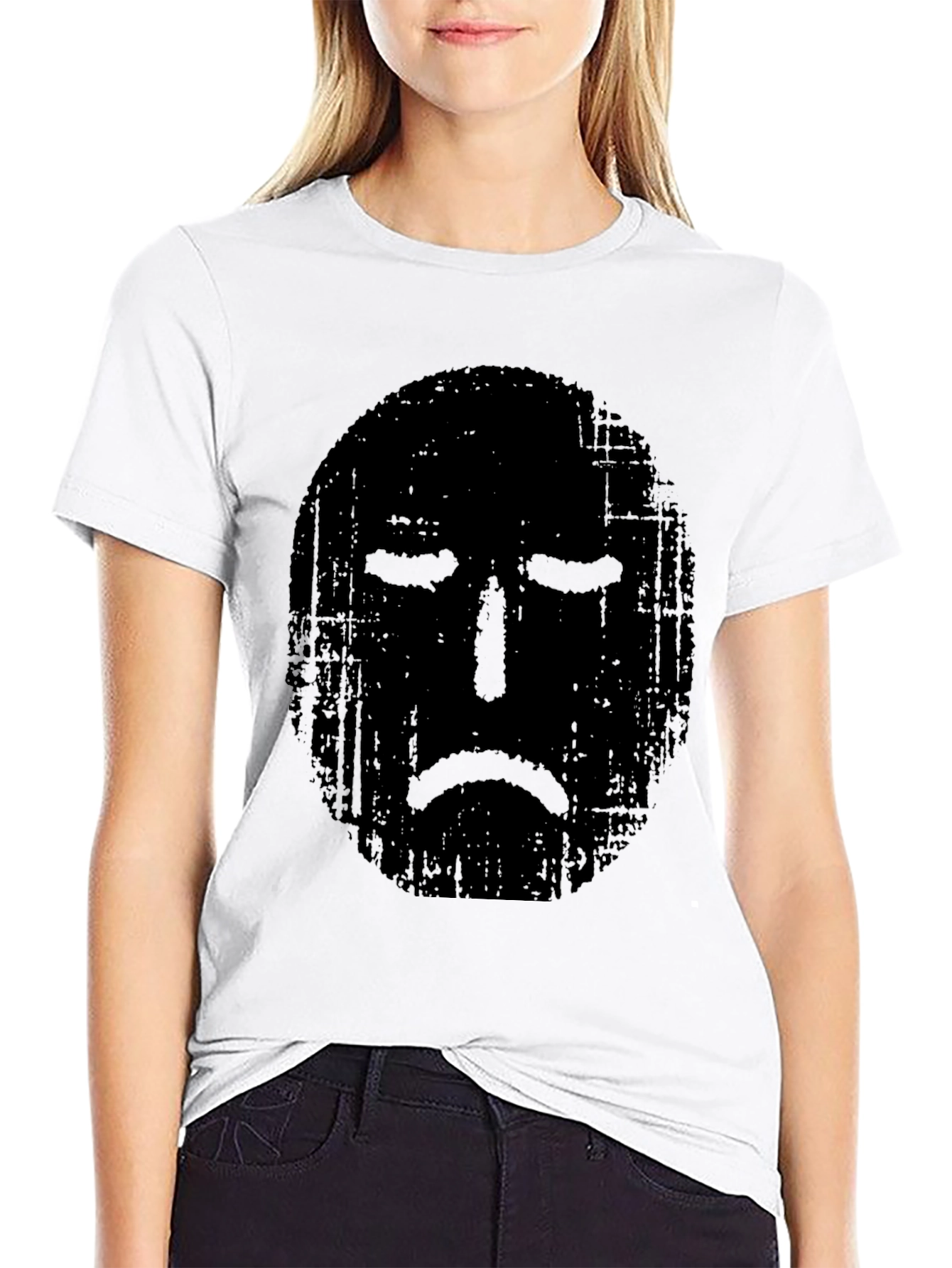 Black Distressed Sad Face Graphic Black T-Shirt view 9