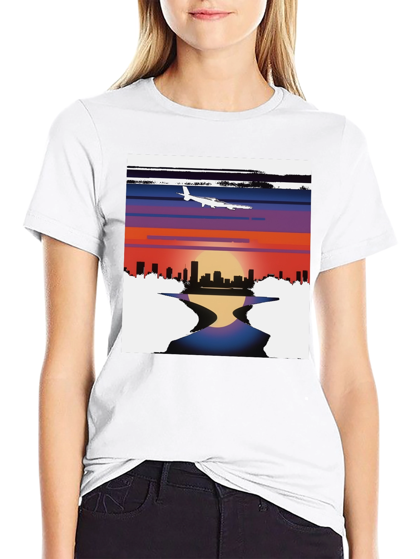 Black Sunset Airplane Cityscape Graphic Tee view 9