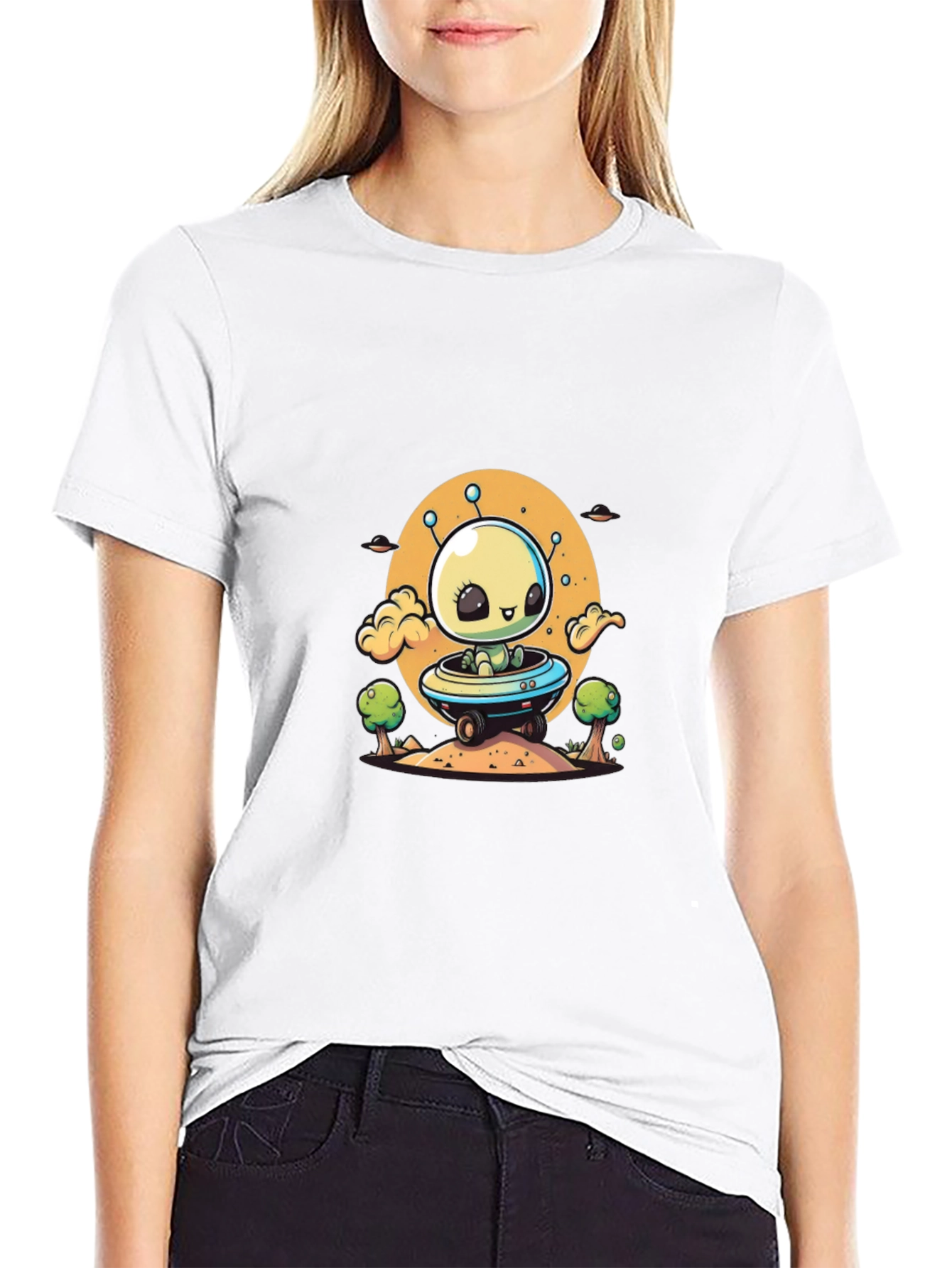 Black Alien UFO Graphic Tee - Black Cotton T-Shirt view 9