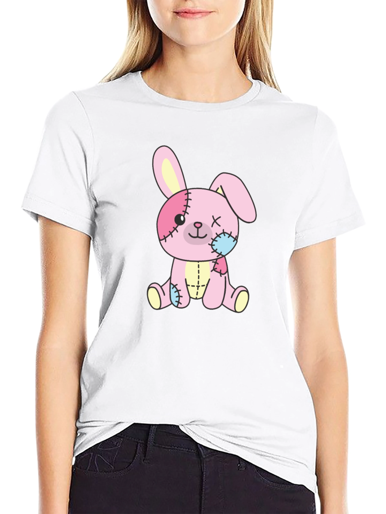 Black Cute Stitched Bunny Black T-Shirt view 9