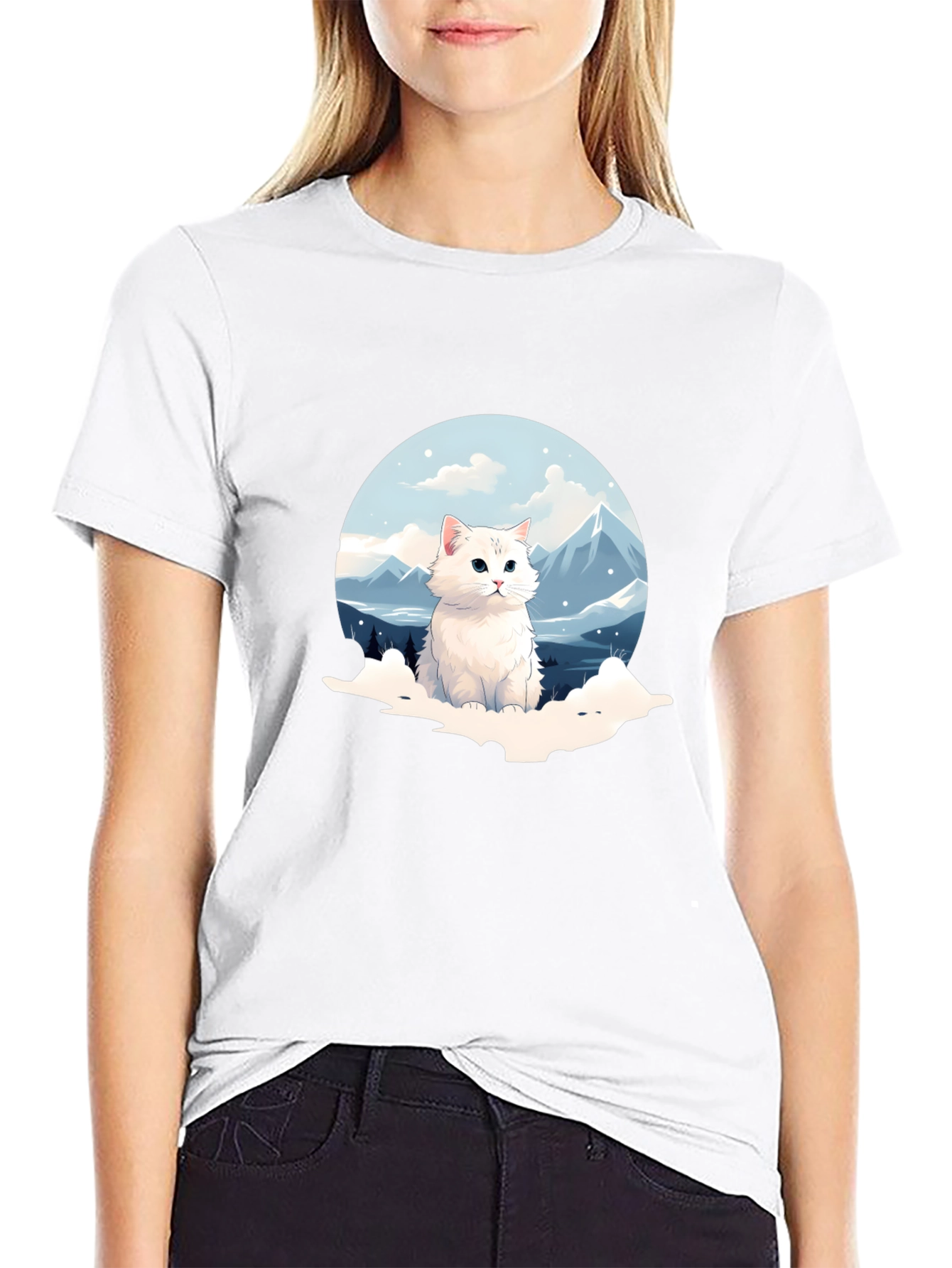Black Cute Cat Mountain Scene Graphic Tee view 9