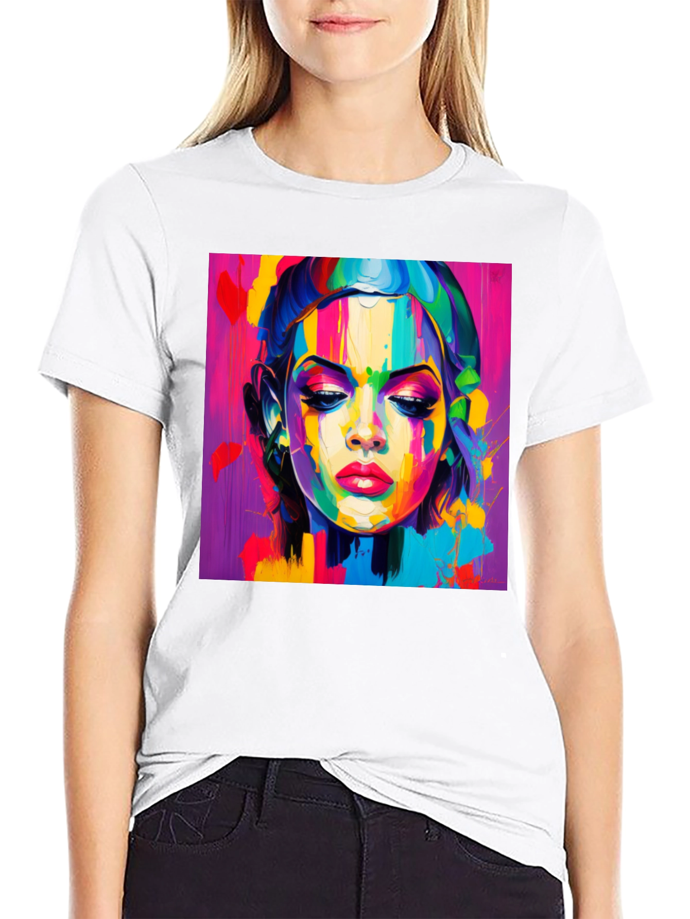Black Abstract Woman Graphic Tee - Vibrant Colors view 9
