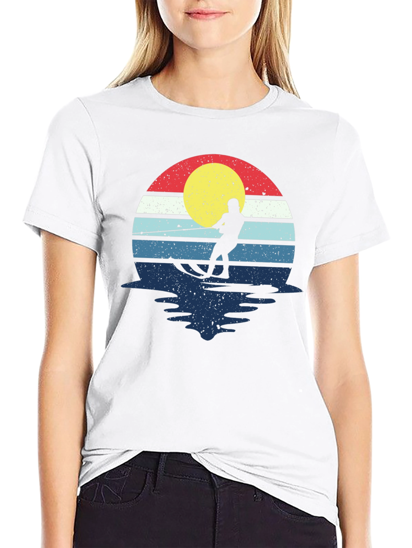 Black Retro Water Skiing T-Shirt - Vintage Sunset Design view 9