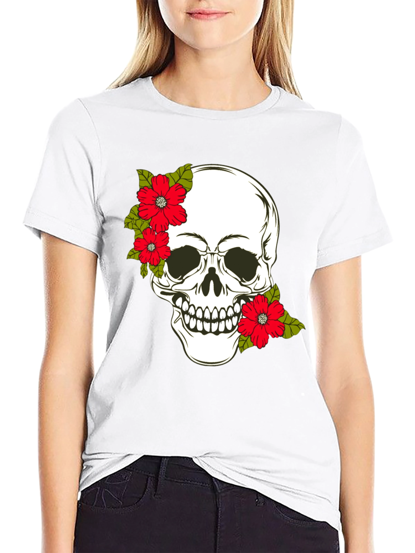 Black Skull & Floral Graphic Print Tee view 9
