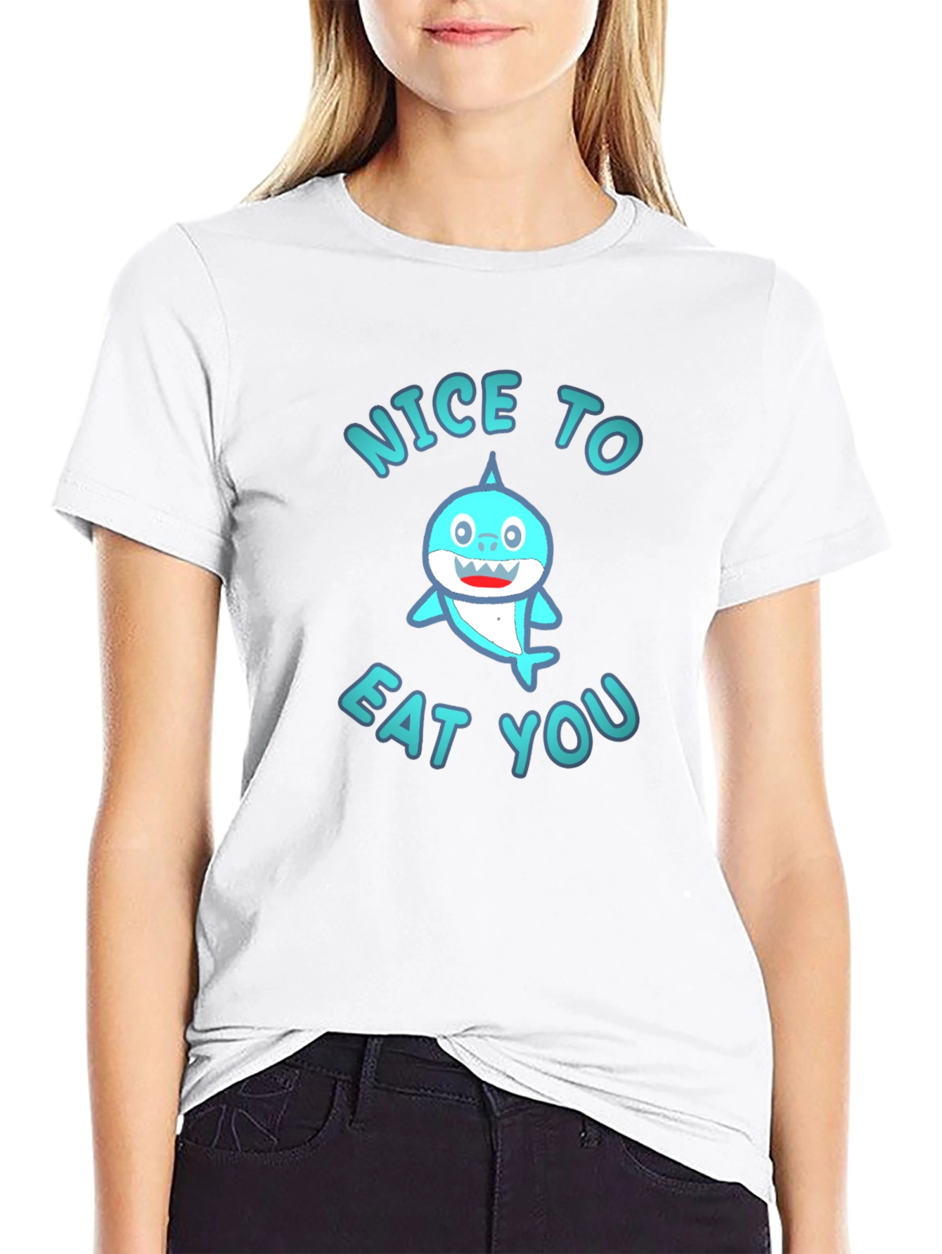 Black Funny Shark Graphic Tee - "Nice to Eat You" Black T-Shirt view 9