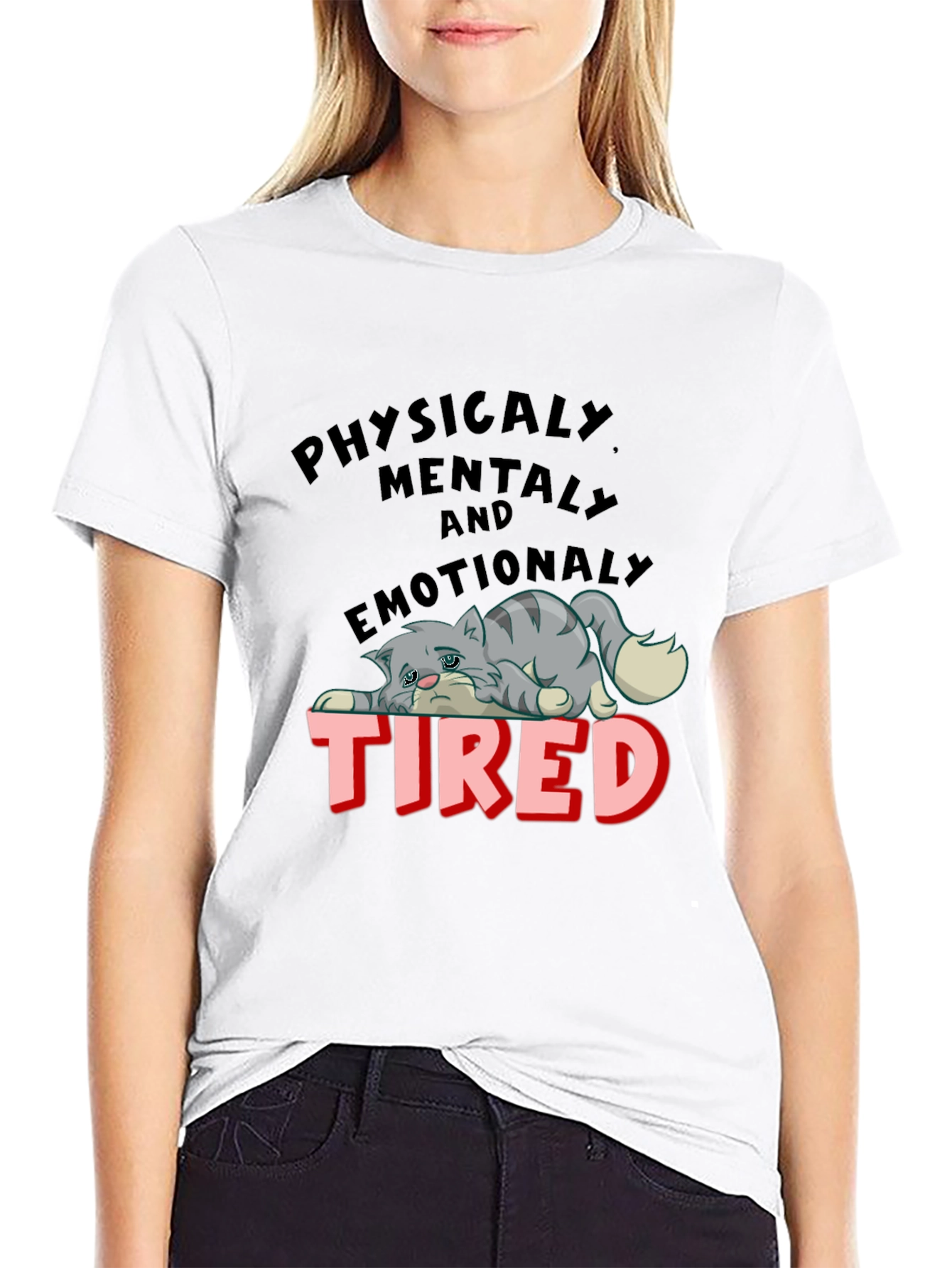 Black Emotionally Tired Cat Graphic Tee view 9