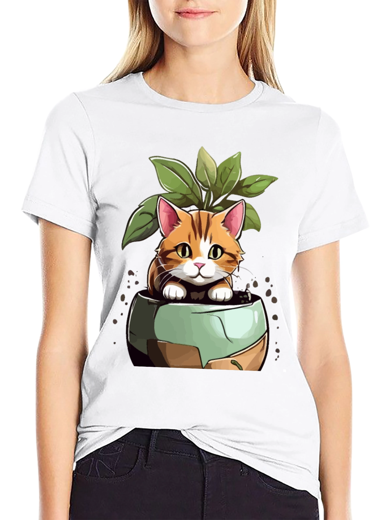 Black Cat in Pot Plant T-Shirt - Unique Design view 9