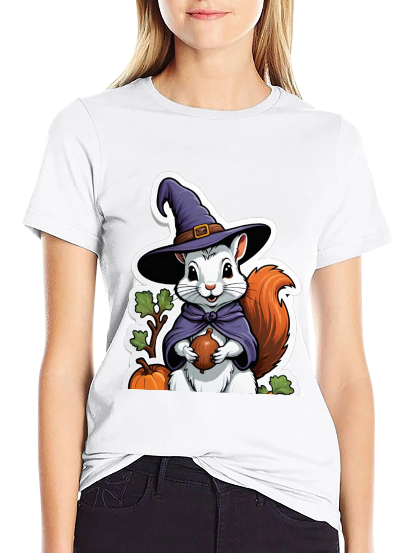 Black Whimsical Squirrel Witch T-Shirt view 9