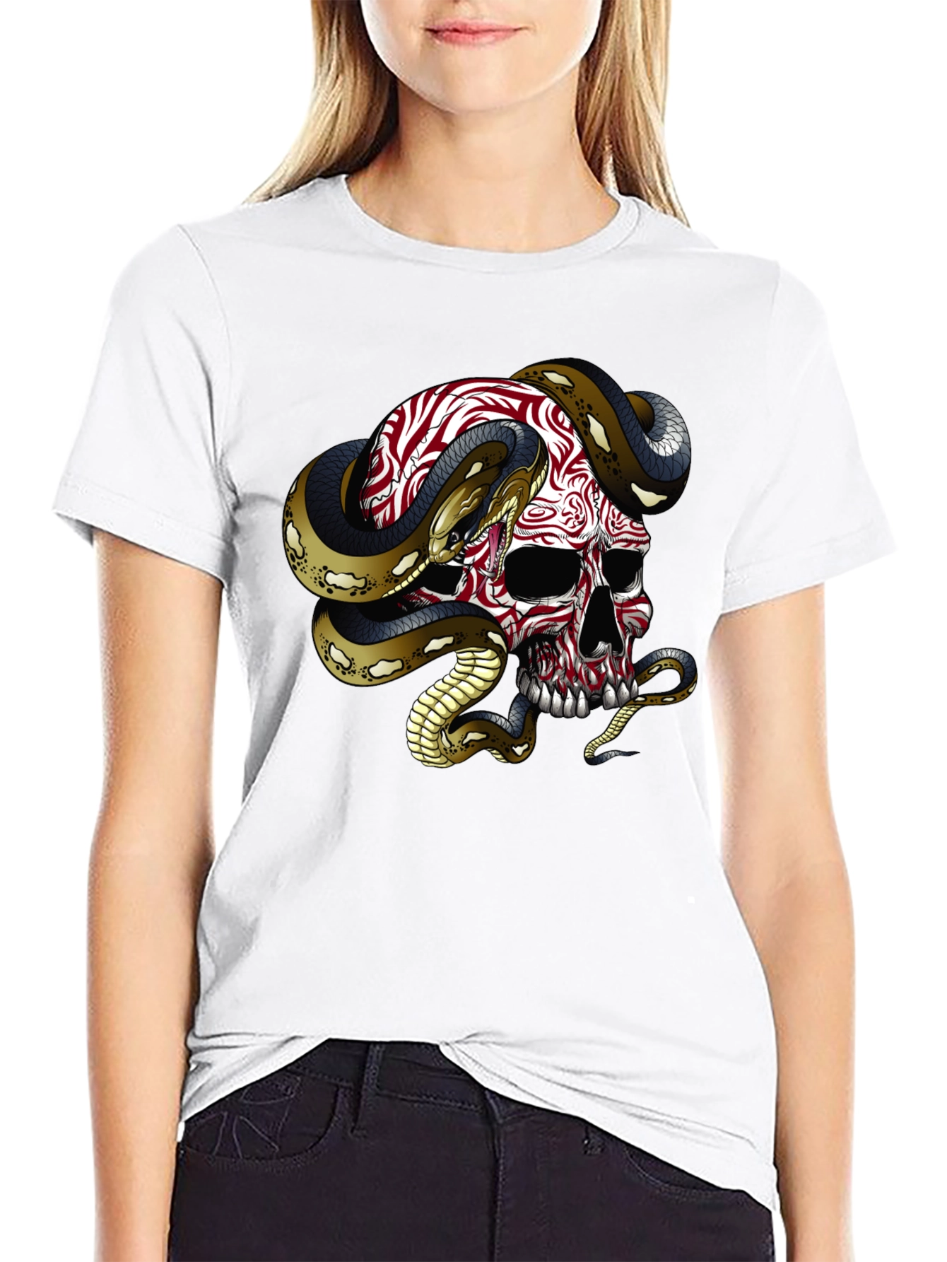 Black Skull & Snake Graphic Tee - Men's Black Cotton T-Shirt view 9