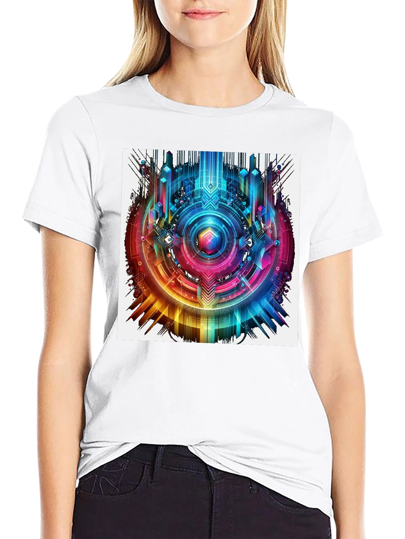 Black Abstract Geometric Rainbow Circle Graphic T-Shirt view 9