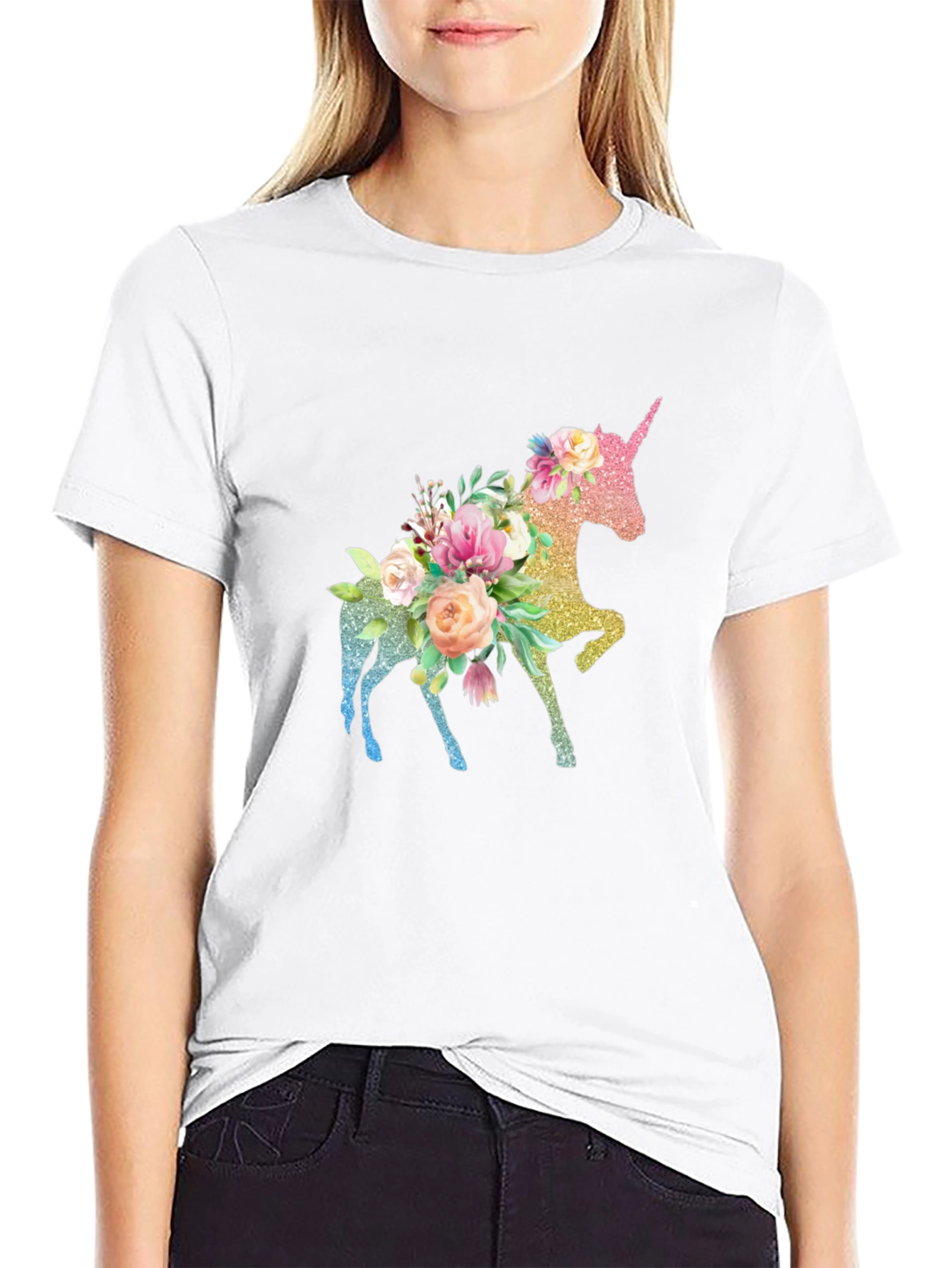 Floral Unicorn Black T-Shirt - Magical Graphic Tee - 9