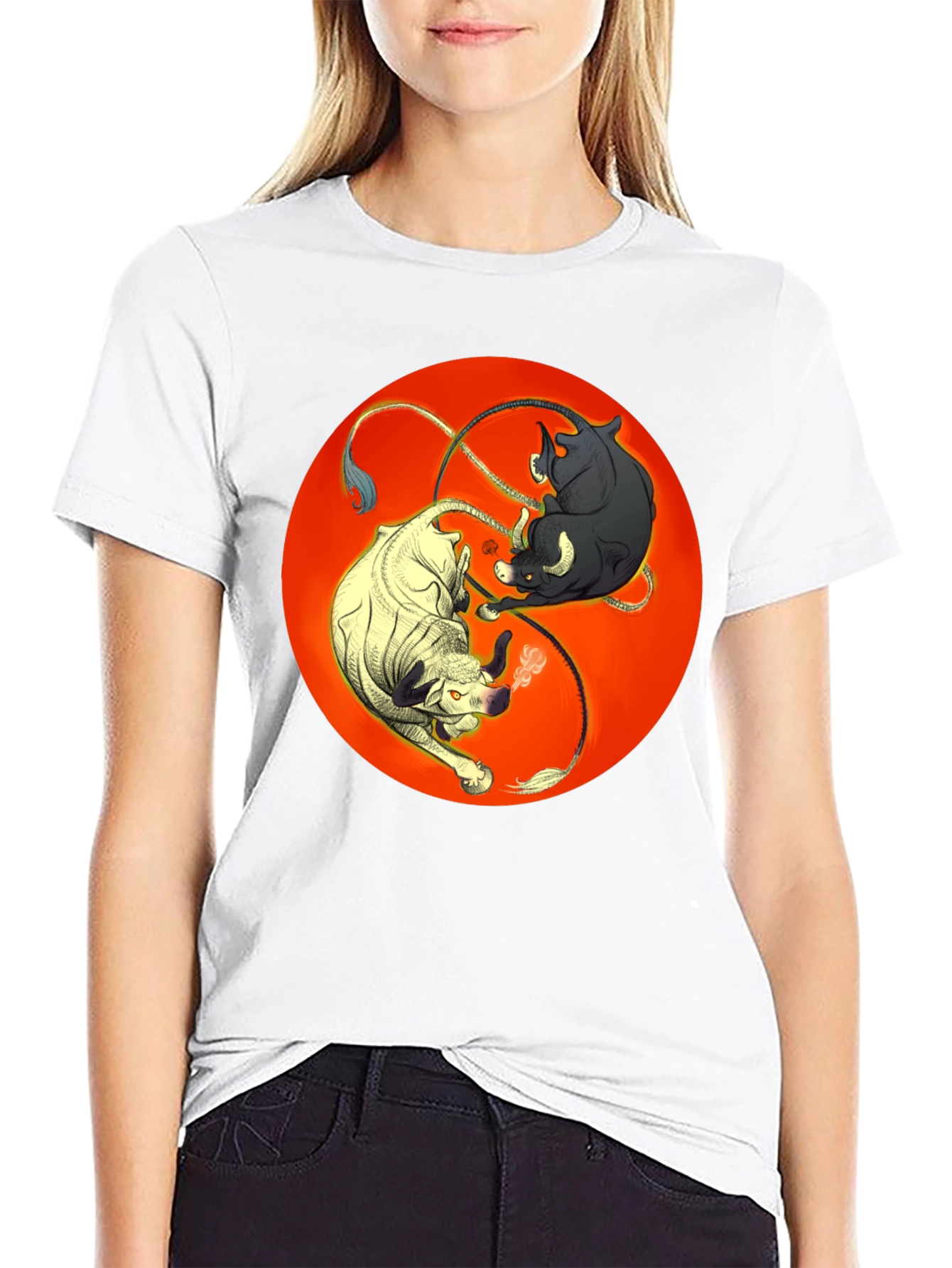 Black Yin Yang Bulls Graphic Tee - Unique Black T-Shirt view 9