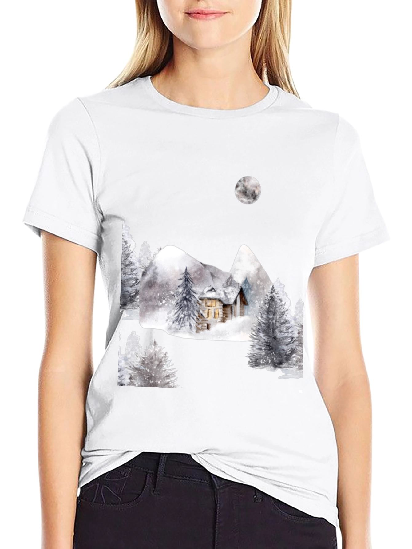 Black Winter Cabin Scene Black T-Shirt view 9