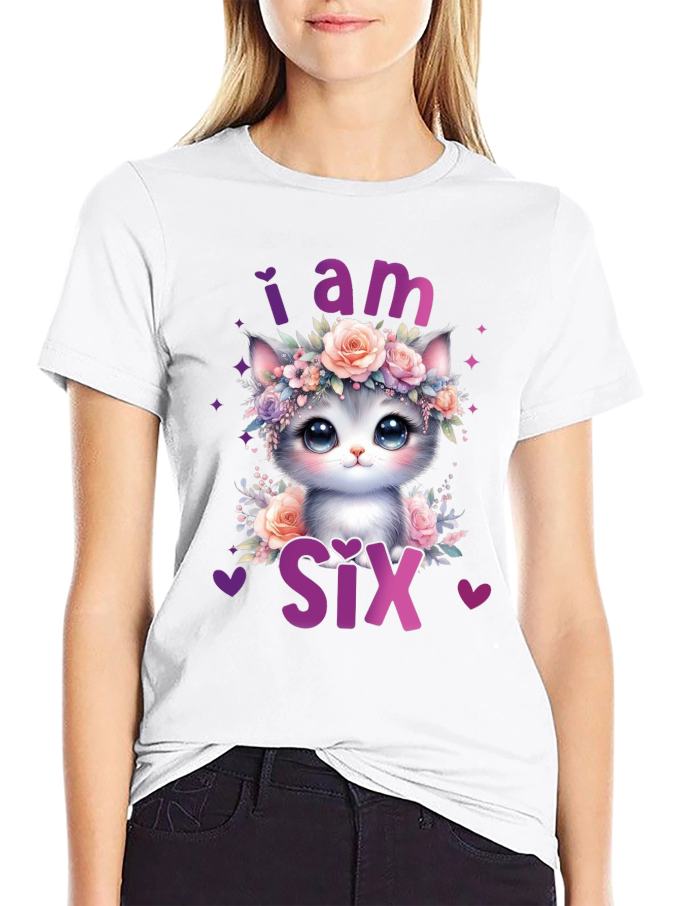 Black Cute Cat "I am Six" Birthday T-Shirt view 9