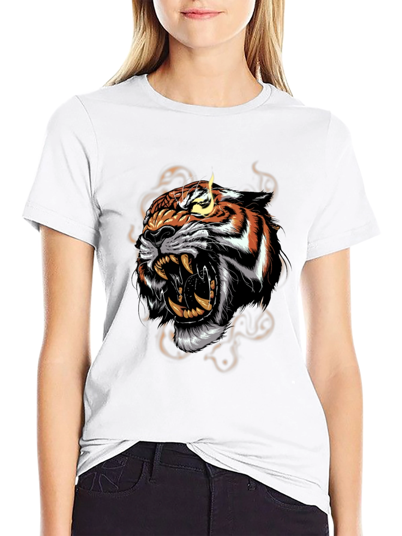 Black Men's Black T-Shirt with Roaring Tiger Graphic view 9