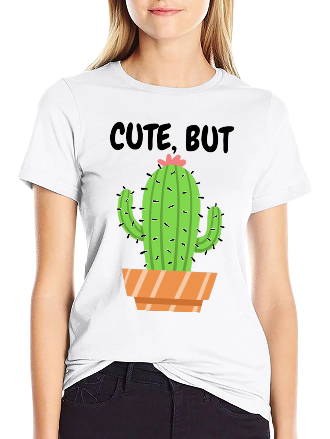 Black Cute But Prickly Cactus Graphic Tee - Unisex Cotton T-Shirt view 9