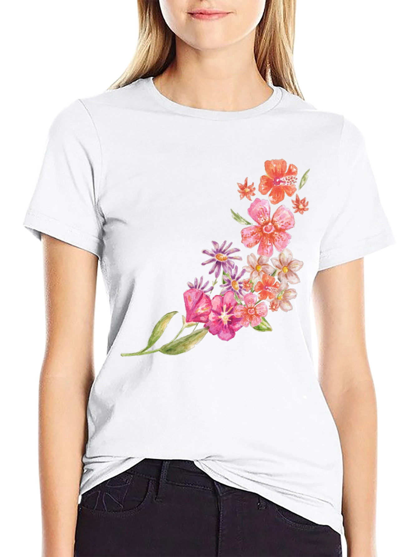 Black Floral Print Crew Neck T-Shirt - Casual Style view 9